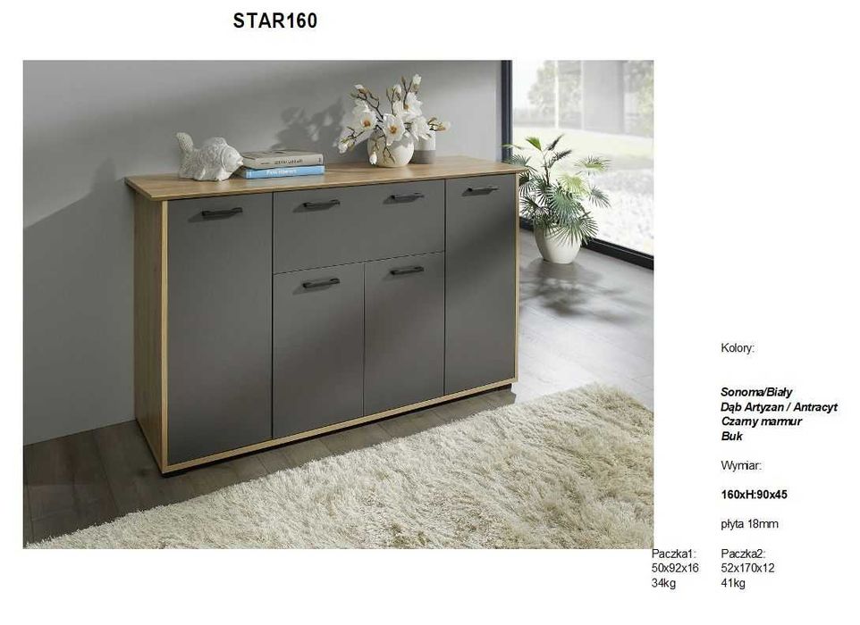 Komoda dąb artisan antracyt szara. 160x 45x90 cm. Likwidacja fabryki