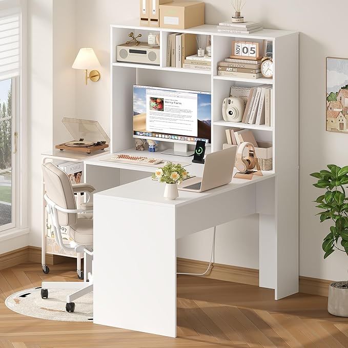 Biurko komputerowe narożne L – białe, z półkami | NOWOCZESNE