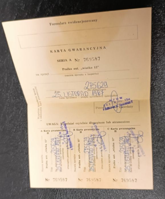 Wiatka 12 PRL – karta gwarancyjna + paragon zakupu 1987 r.
Opis