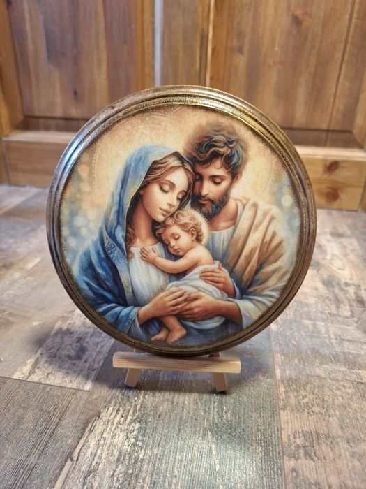 Obrazek na drewnie ręcznie zdobiony Święta Rodzina prezent