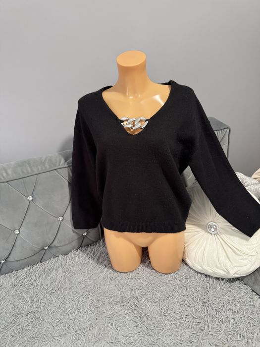 Sweter damski L/XL czarny złoty łańcuch oversize