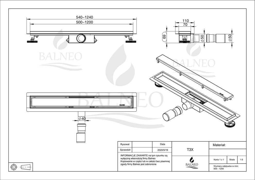 Odpływ liniowy podłogowy Balneo Duplex Next Black 80 cm czarny, dwustronny.