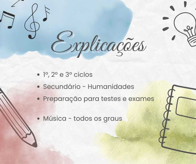 Explicações 1º, 2º e 3º ciclos, Secundário (Humanidades) e Música