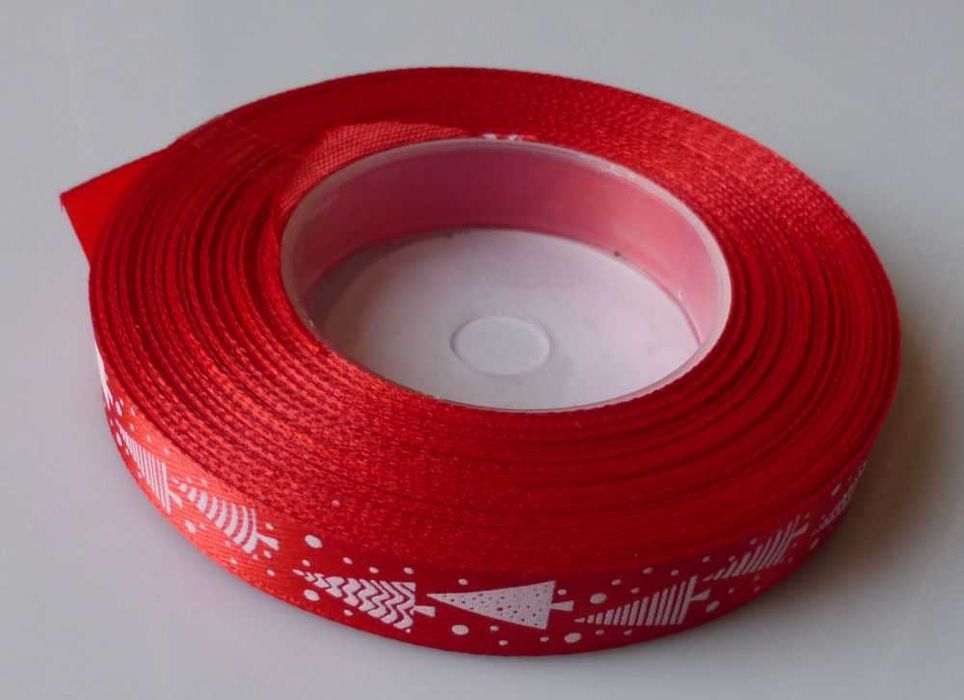 Tasiemka satynowa świąteczna czerwona choinki święta 12mm 23m wstążka