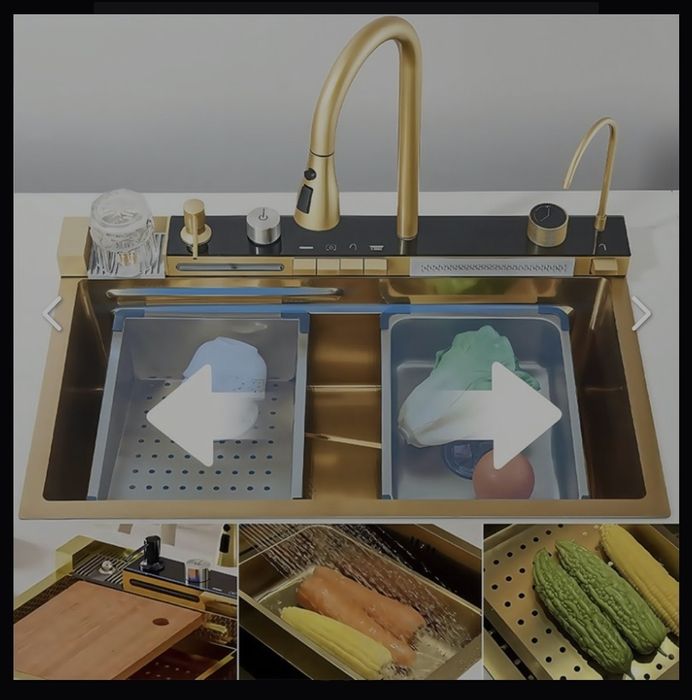 Lavaloicas  de cozinha gourmet moderna, cor dourada e aço inoxidável