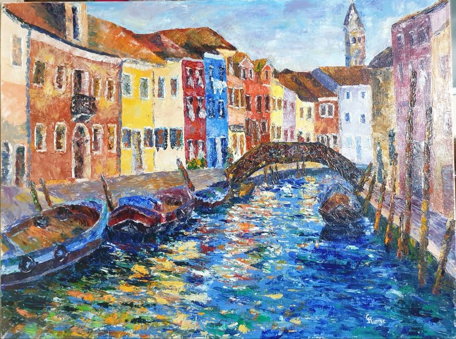 Fantástica pintura paisagística de Burano Veneza em óleo sobre tela