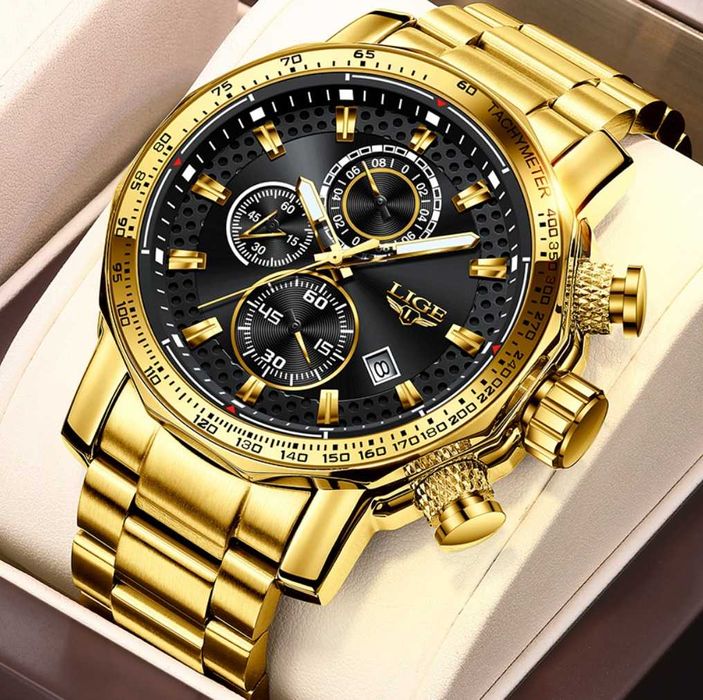 Relógio Luxuoso Masculino LIGE bracelete metal dourado (Novo)