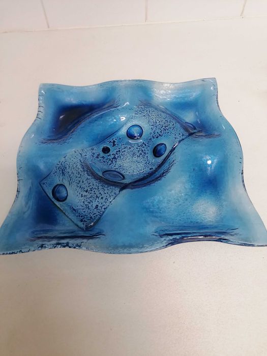 Travessa-cinzeiro em Vidro Artístico Azul Vintage, Estilo Murano