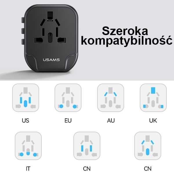 Adapter Podróżny Przejściówka Gniazda Świata PL USA EU Anglia 2X USB