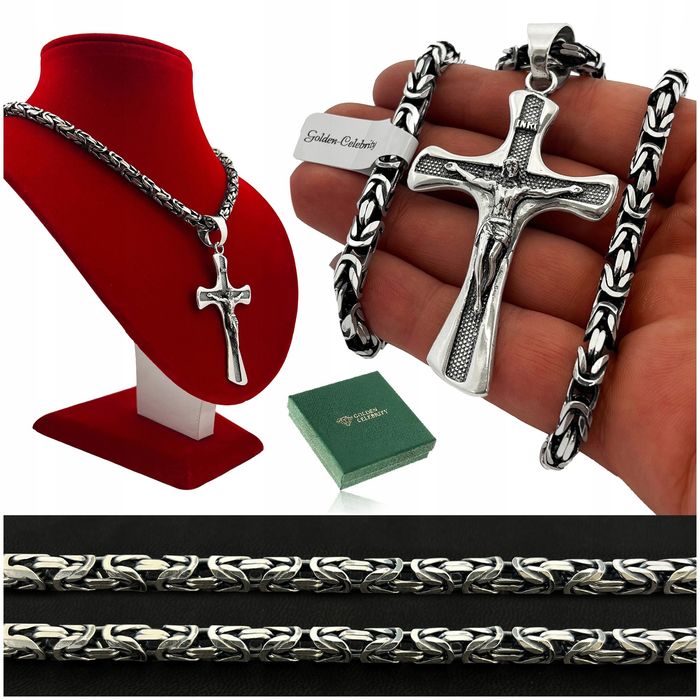 Srebrny Męski Łańcuszek Splot Królewski+duży Krzyż / Zestaw Oksydowany