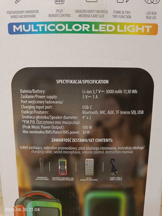 Głośnik Forever RGB LED 30W bezprzewodowy bluetooth karaoke pilot mikrofon