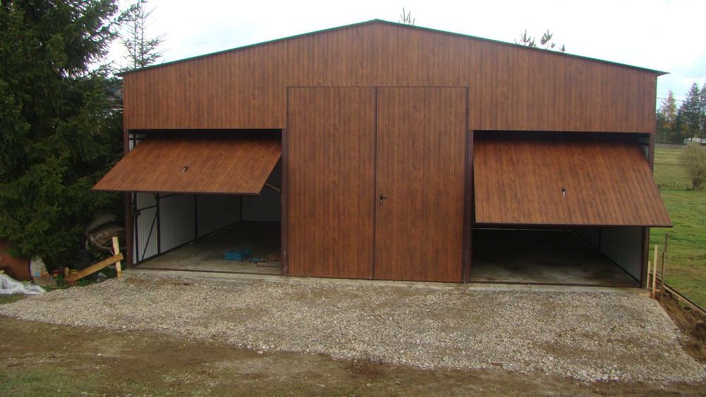 Garaż blaszany 7x6 - Bramy Uchylne - Drewnopodobny - WIATA - GRZYWSTAL