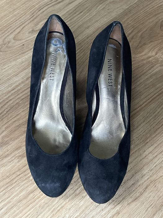 Damskie czółenka, buty obcasie, słupku, Nine West, czarne, skóra, 37