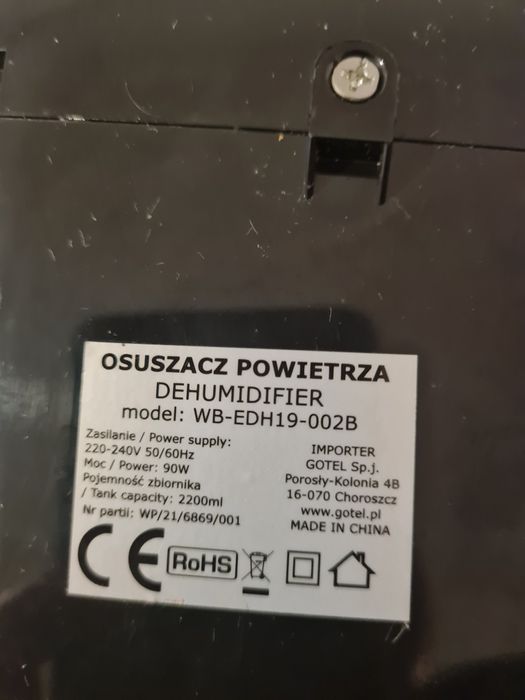 Osuszacz powietrza Caruzzo Dehumidifier Model:WB-EDH19-002B