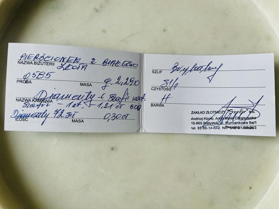 Przepiękny pierścionek, białe złoto 585, szafir, brylanty, rozm. 11