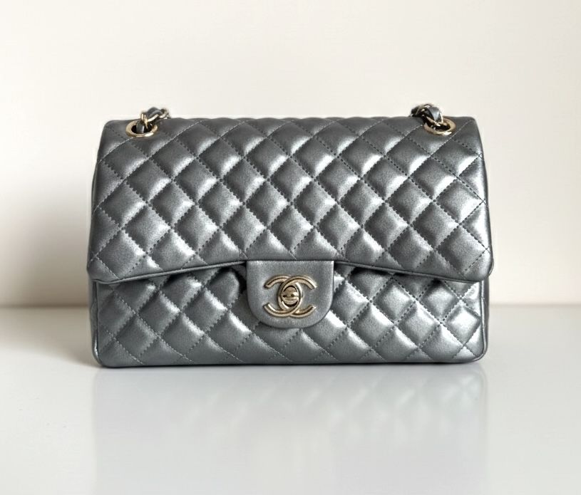 Torebka Chanel Duża Klasyczna Pikowana Srebrzysta Szarość