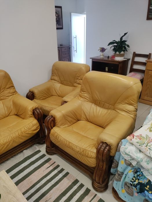 Sofás em pele e madeira maciça