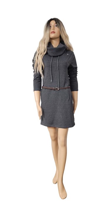 Stylowa Sukienka Dresowa Z Wysokim Golfem | Szara | Rozmiar M + Pasek
