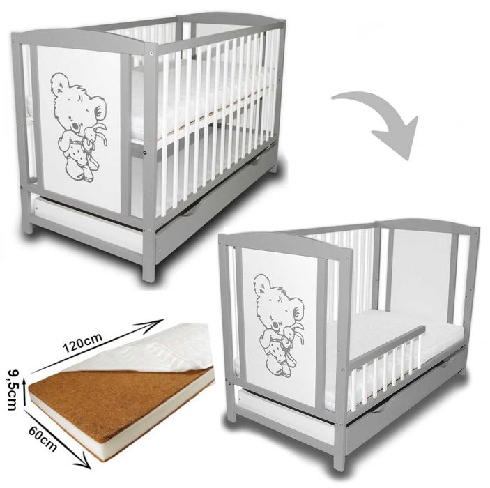 Łóżeczko dziecięce Bajka szara + szuflada + barierka + materac kokos