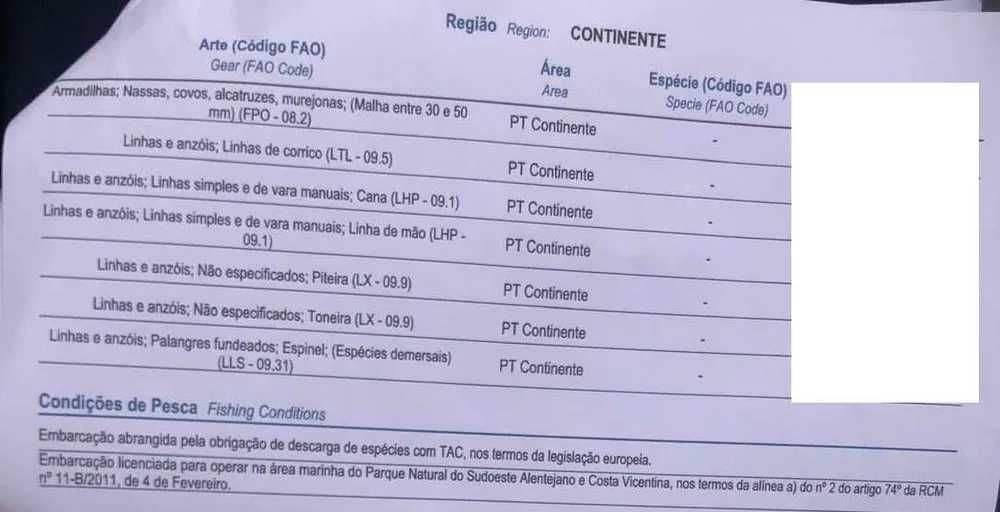 Licença Pesca Covos+Nassas+Alcatruzes+Sudoeste Alent. e C. Vicentina