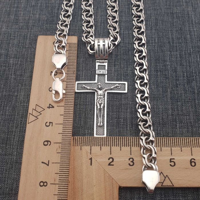 Чоловіча срібна цепочка з хрестиком Бісмарк. комплект срібло 925