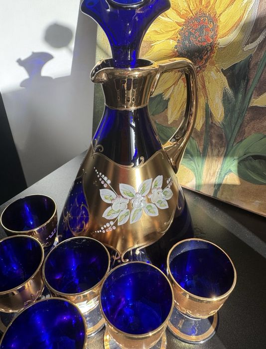 Набір келихів під лікер з кобальтового синього скла з позолотою