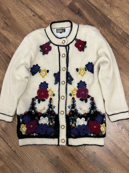 CARLA L wełniany haftowany sweter kardigan damski L/XL