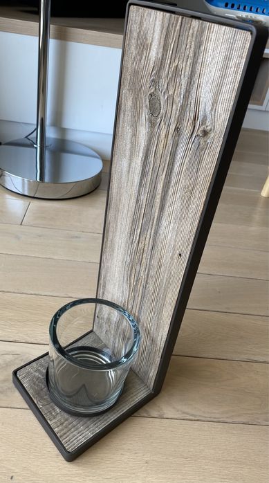 Świecznik ozdobny drewniany ze szkłem, nowy