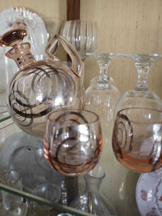 Tête-à-Tête Vintage em Vidro Rosa – Jarro e 2 Copos