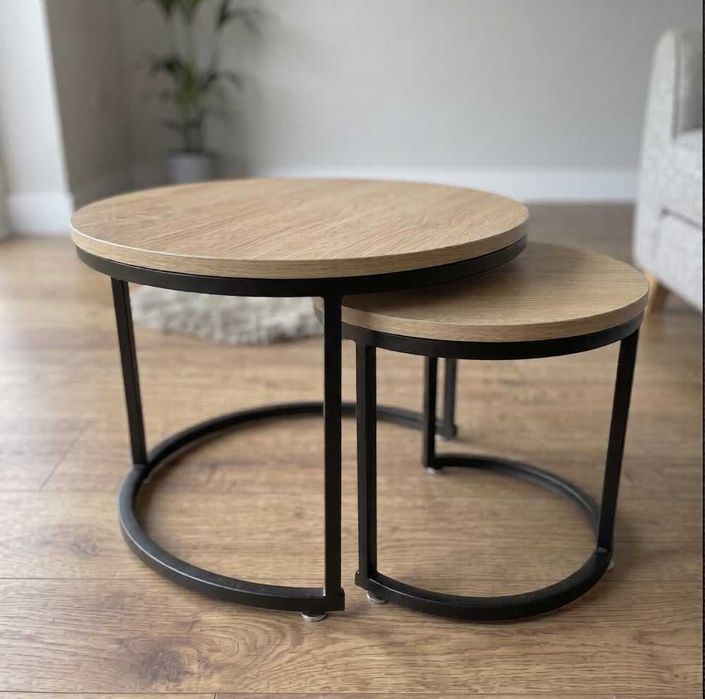 NOWY Zestaw 2 Stolików Kawowych Okrągłe Loft Metal Drewniany Blat Do Salonu Nowoczesne Meble Turystyczne