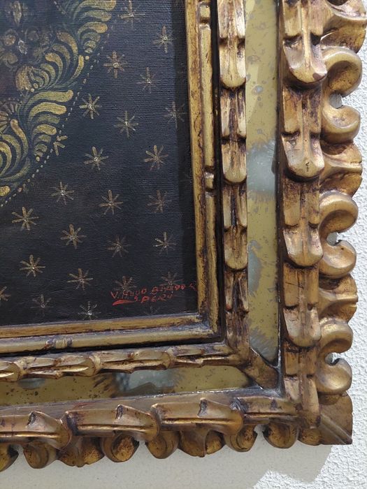 Sagrada família, escola cusquenha. Pintura a óleo em tela.