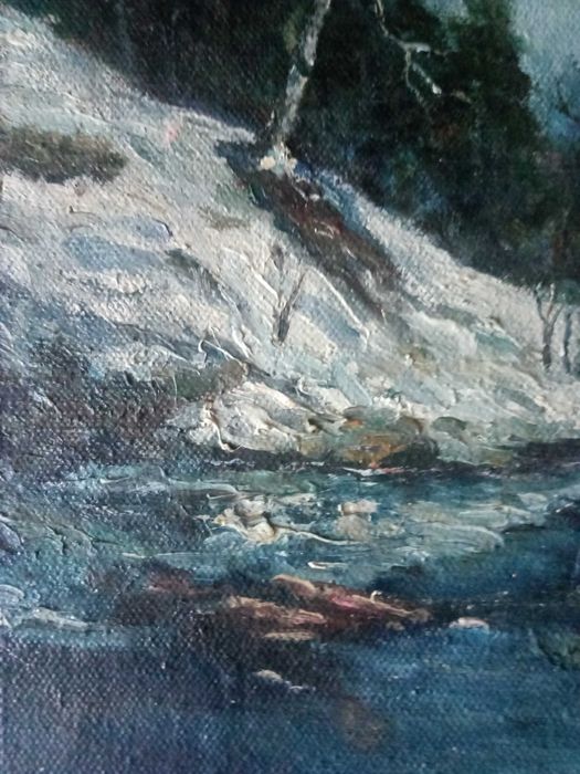 Старая картина,масло,зимний пейзаж