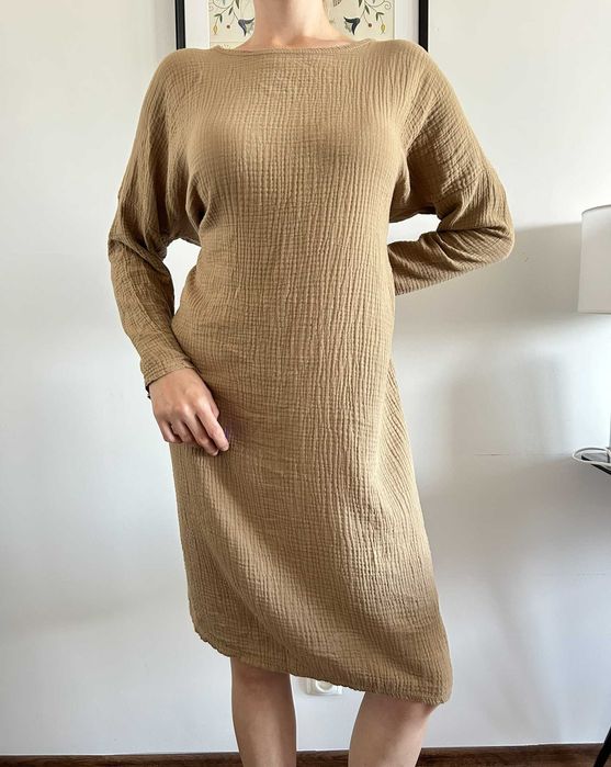 Brązowa sukienka damska midi made in Italy bawełniana L-XL