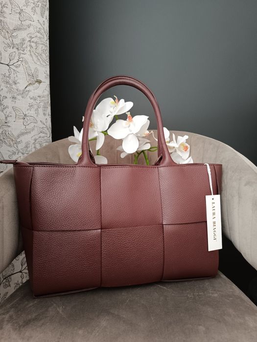 torebka skórzana shopperka burgundowa duża a4 Laura biaggi włoska nowa