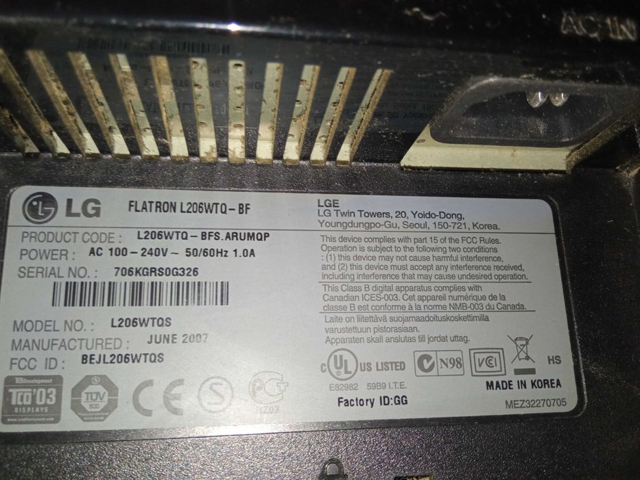 Монитор LG Flatron L206WTQ L206WTQ-BF.