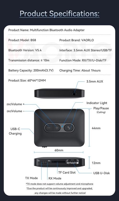 Аудио приймач-передавач Bluetooth 5.4 usb, aux, микрофон, аккумулятор