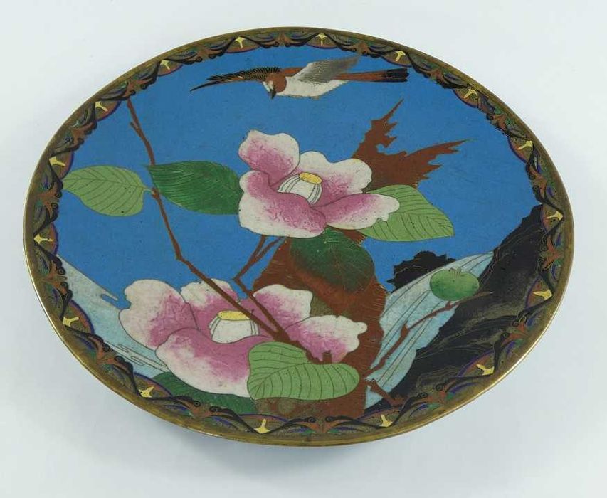 PATERA talerz emalia CLOISONNE ptak kwiat kamelia magnolia 30,5 cm