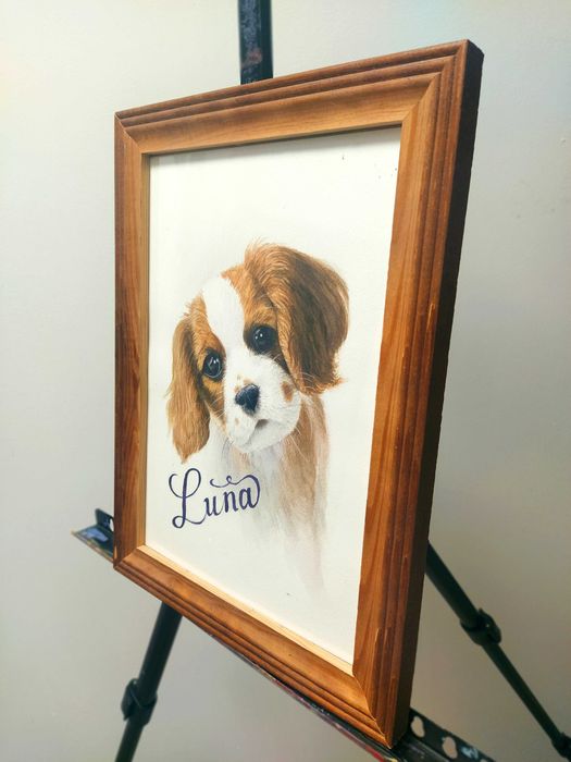 Portret psa – King Charles Spaniel, Oryginalny Obraz Akwarela, ołówki