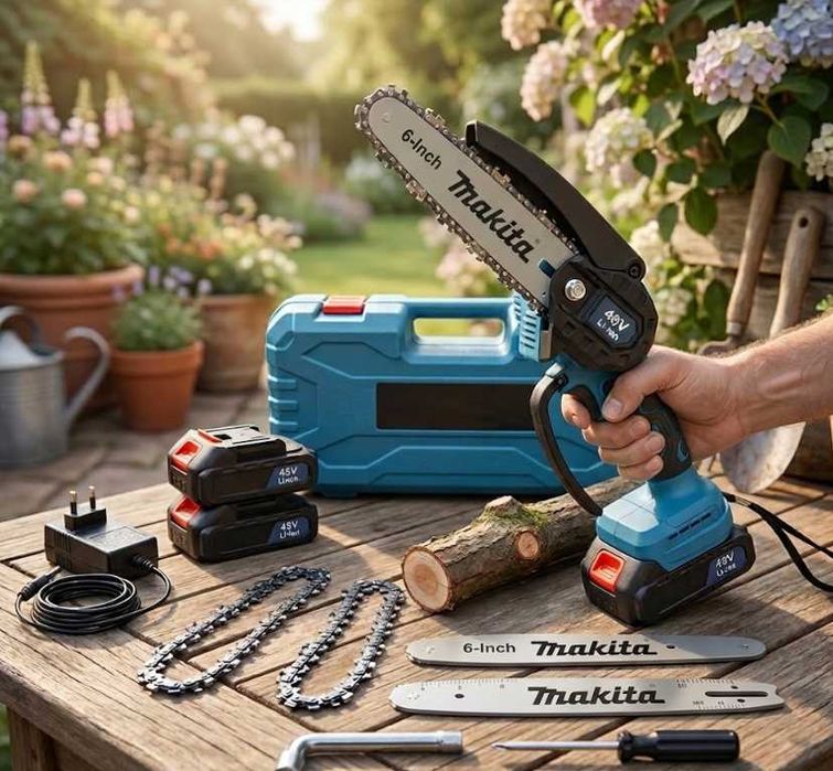 Аккумуляторная цепная пила Makita 15" и 21" см (48V), комплект с двумя шинами, двумя АКБ и кейсом + масляный бак