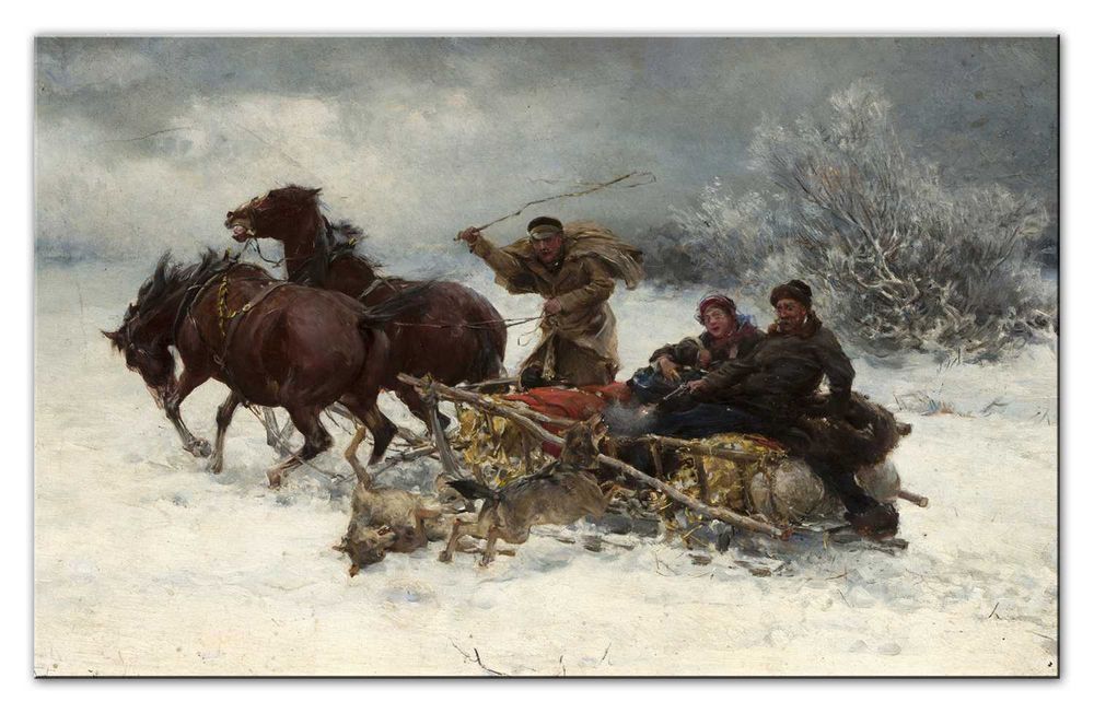 Wierusz-Kowalski: Sanna. Napad wilków. Płótno kopia 70x45 cm