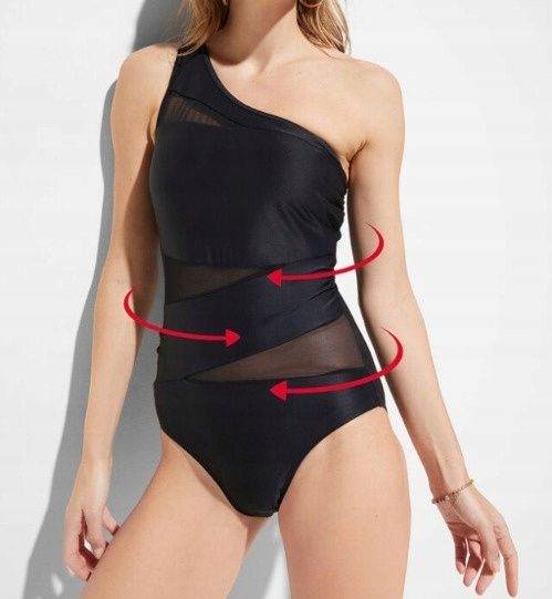 B.P.C kostium kąpielowy asymetryczny czarny na jedno ramię z siateczką