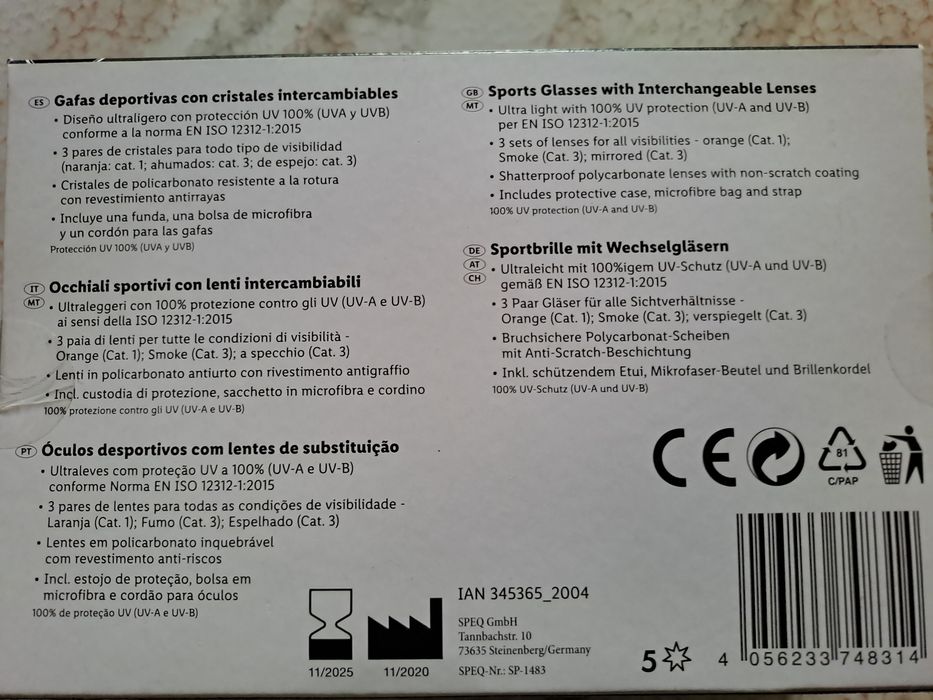 Óculos desportivos com lentes de substituição (Artigo Novo)