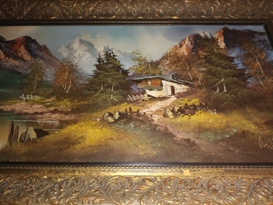 Obraz z pejzażem chata góry jezioro 114x49cm