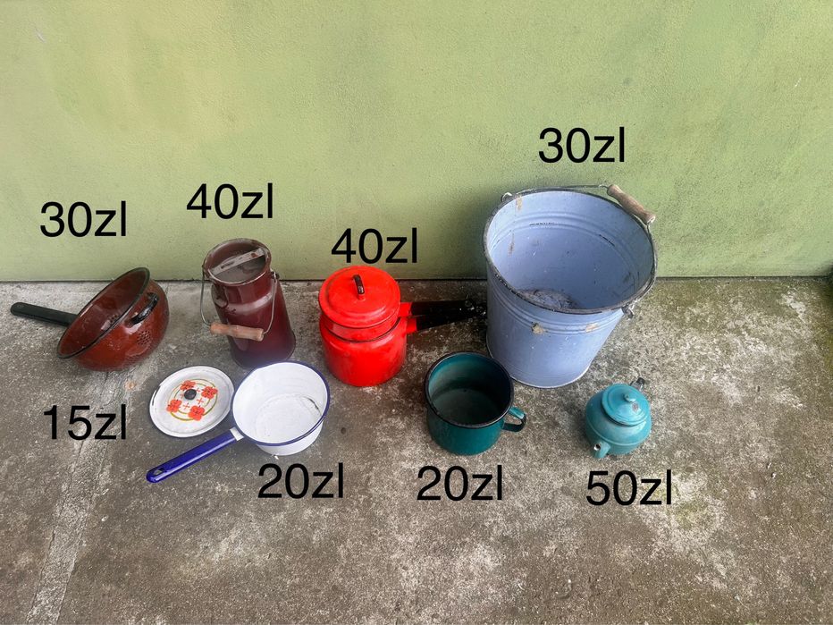 Naczynia emaliowane kanka imbryk czajnik sito PRL
