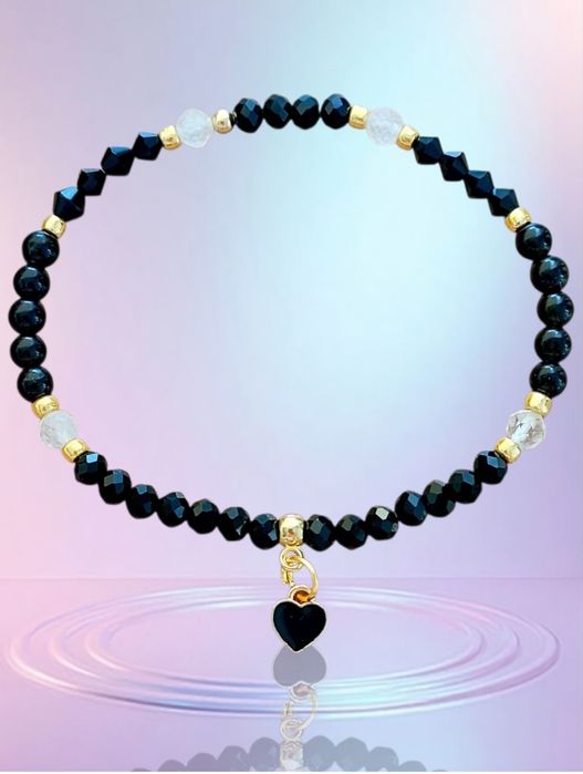 Bransoletka koraliki kryształ górski czarno złota zawieszka serce