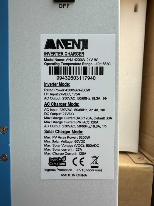 В наявності. ANJ-4200W-24V-W. Anenji 24v 4.2KW 24в 4.2Квт Гібридний інвертор