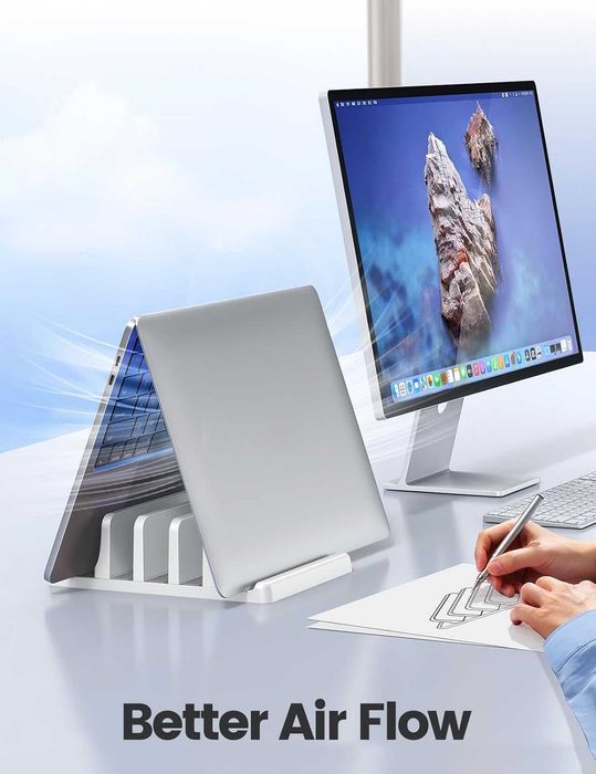 Vaydeer 5‑in‑1 – Pionowy stojak na laptopy, 3 regulowane sloty, ABS, organizer biurkowy