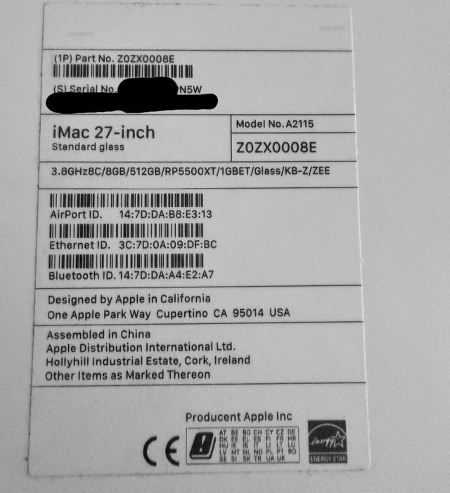 Apple iMac 27” Retina 5K 2020; i7; 40GB; SSD; Radeon 8GB; Pełny zestaw