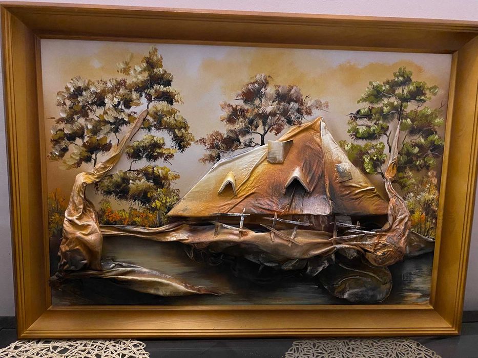 "Tam, gdzie czas się zatrzymał": obraz 3D, skóra. wymiary 100x70 cm