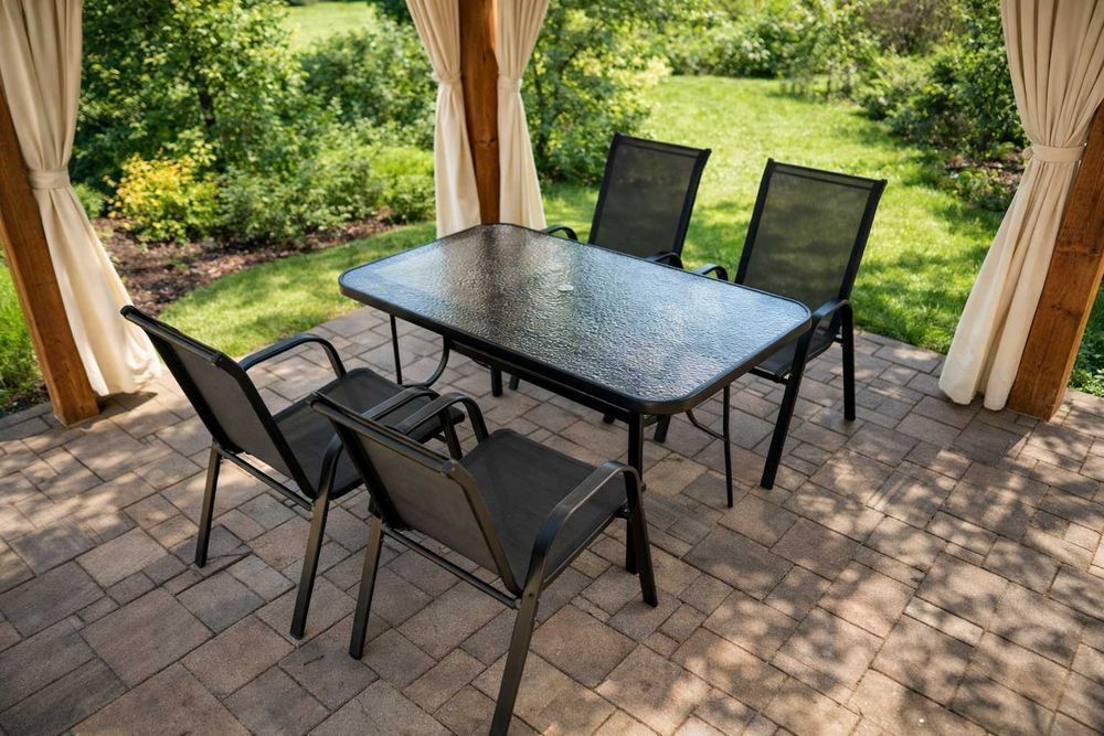 NOWY Zestaw Ogrodowy Jadalniany Stół Szklany 140x80 cm Z Otworem Na Parasol Z krzesłami Na Taras Do Ogrodu Pod Altanę Stół I Krzesła Okazja! Gwarancja